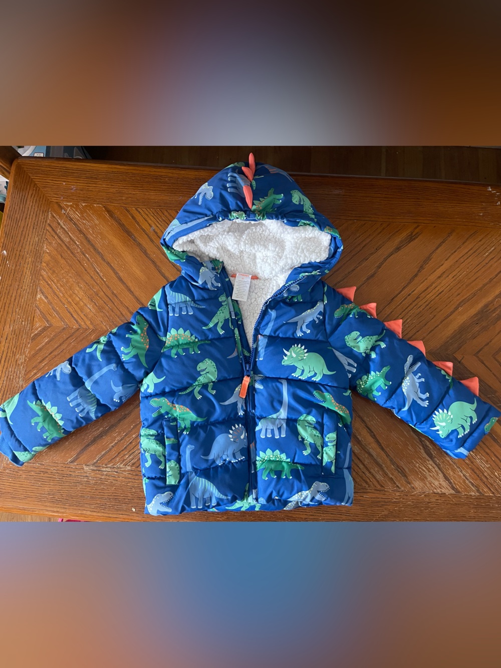 Gymboree Blue Dinosaur Puffer Jacket with Hood and Spikes